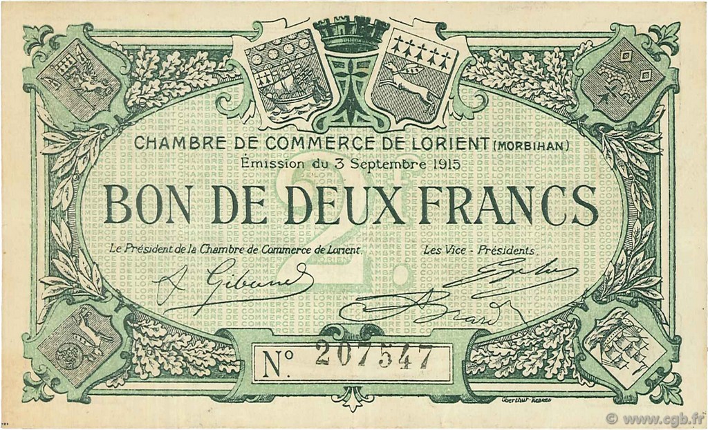 2 Francs FRANCE régionalisme et divers Lorient 1915 JP.075.16 TTB à SUP