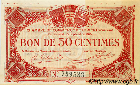 50 Centimes FRANCE régionalisme et divers Lorient 1915 JP.075.17 TTB à SUP