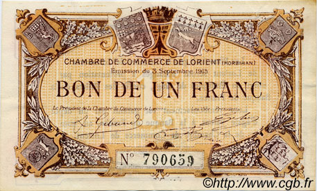 1 Franc FRANCE régionalisme et divers Lorient 1915 JP.075.18 TTB à SUP