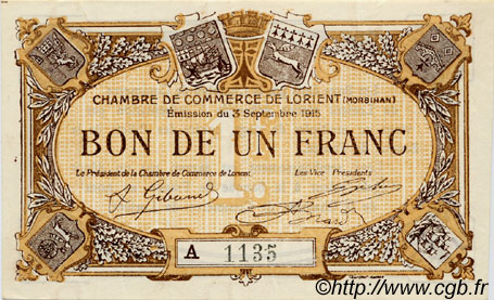 1 Franc FRANCE régionalisme et divers Lorient 1915 JP.075.21 SPL à NEUF