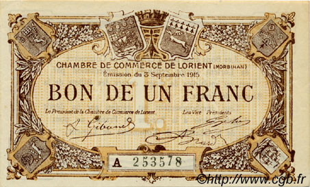 1 Franc FRANCE régionalisme et divers Lorient 1915 JP.075.24 TTB à SUP