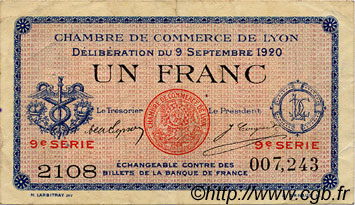 1 Franc FRANCE régionalisme et divers Lyon 1920 JP.077.23 TTB à SUP