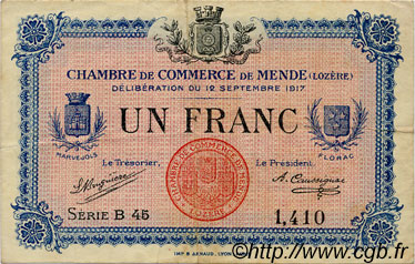 1 Franc FRANCE régionalisme et divers Mende 1917 JP.081.03 TTB à SUP