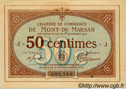 50 Centimes FRANCE régionalisme et divers Mont-De-Marsan 1914 JP.082.01 TTB à SUP