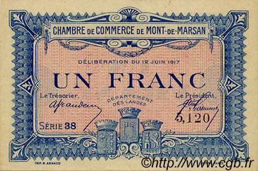 1 Franc FRANCE régionalisme et divers Mont-De-Marsan 1917 JP.082.21 TTB à SUP