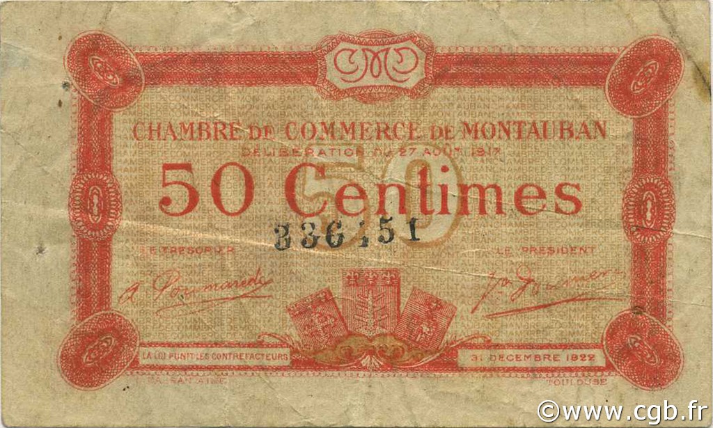 50 Centimes FRANCE régionalisme et divers Montauban 1917 JP.083.13 TB