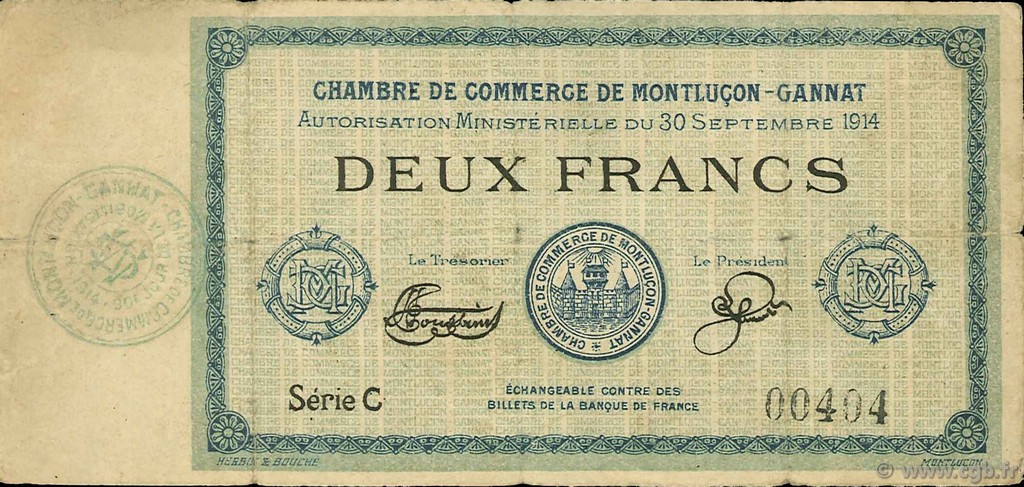 2 Francs FRANCE régionalisme et divers Montluçon, Gannat 1914 JP.084.06 TB