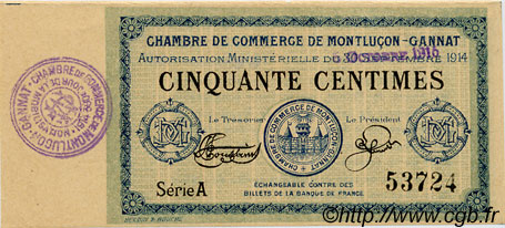 50 Centimes FRANCE régionalisme et divers Montluçon, Gannat 1915 JP.084.13 SPL à NEUF