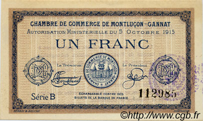 1 Franc FRANCE regionalism and various Montluçon, Gannat 1915 JP.084.15 AU+