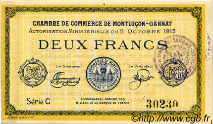 2 Francs FRANCE régionalisme et divers Montluçon, Gannat 1915 JP.084.18 TTB à SUP