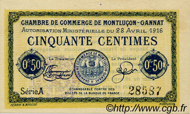 50 Centimes FRANCE régionalisme et divers Montluçon, Gannat 1916 JP.084.21 SPL à NEUF