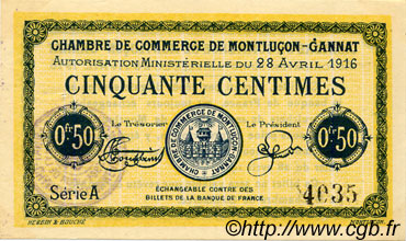 50 Centimes FRANCE régionalisme et divers Montluçon, Gannat 1916 JP.084.21 TTB à SUP