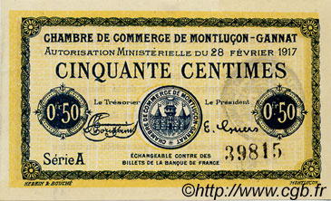 50 Centimes FRANCE régionalisme et divers Montluçon, Gannat 1917 JP.084.28 TTB à SUP