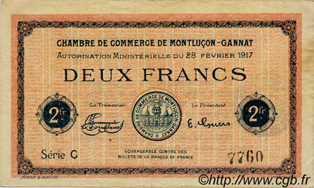 2 Francs FRANCE régionalisme et divers Montluçon, Gannat 1917 JP.084.33 TTB à SUP