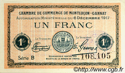 1 Franc FRANCE régionalisme et divers Montluçon, Gannat 1917 JP.084.37 SPL à NEUF