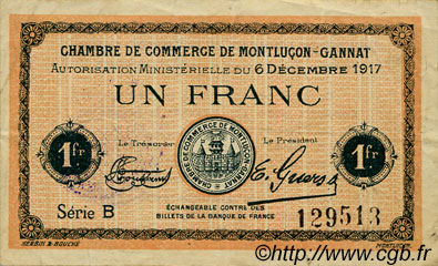 1 Franc FRANCE régionalisme et divers Montluçon, Gannat 1917 JP.084.37 TB
