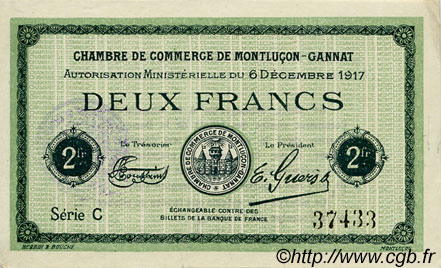 2 Francs FRANCE régionalisme et divers Montluçon, Gannat 1917 JP.084.39 TTB à SUP