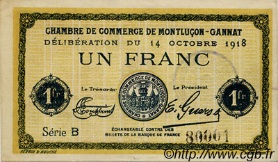 1 Franc FRANCE régionalisme et divers Montluçon, Gannat 1918 JP.084.42 TTB à SUP