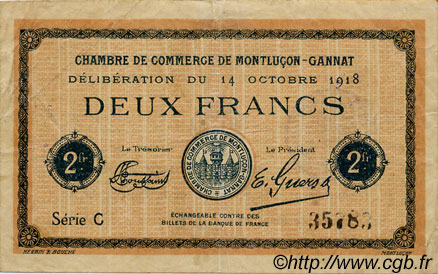 2 Francs FRANCE régionalisme et divers Montluçon, Gannat 1918 JP.084.49 TTB à SUP