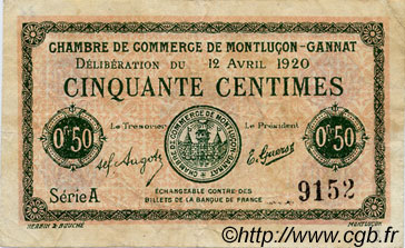 50 Centimes FRANCE régionalisme et divers Montluçon, Gannat 1920 JP.084.50 TB