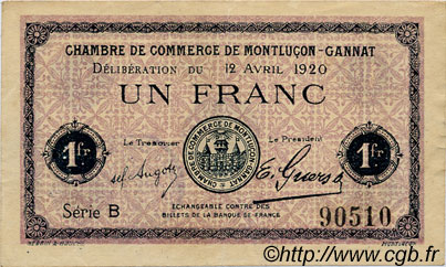 1 Franc FRANCE régionalisme et divers Montluçon, Gannat 1920 JP.084.52 TTB à SUP
