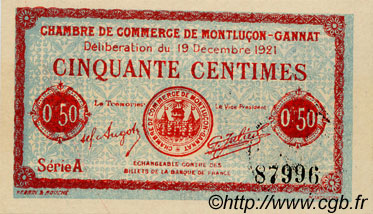 50 Centimes FRANCE régionalisme et divers Montluçon, Gannat 1921 JP.084.61 SPL à NEUF