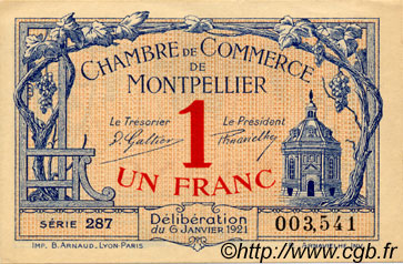 1 Franc FRANCE régionalisme et divers Montpellier 1921 JP.085.24 TTB à SUP