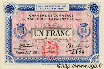 1 Franc FRANCE régionalisme et divers Moulins et Lapalisse 1920 JP.086.17 SPL à NEUF