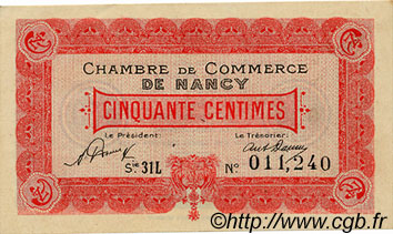 50 Centimes FRANCE régionalisme et divers Nancy 1921 JP.087.47 TTB à SUP