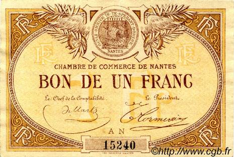 1 Franc FRANCE régionalisme et divers Nantes 1918 JP.088.08 TTB à SUP