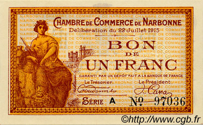 1 Franc FRANCE régionalisme et divers Narbonne 1915 JP.089.02 SPL à NEUF