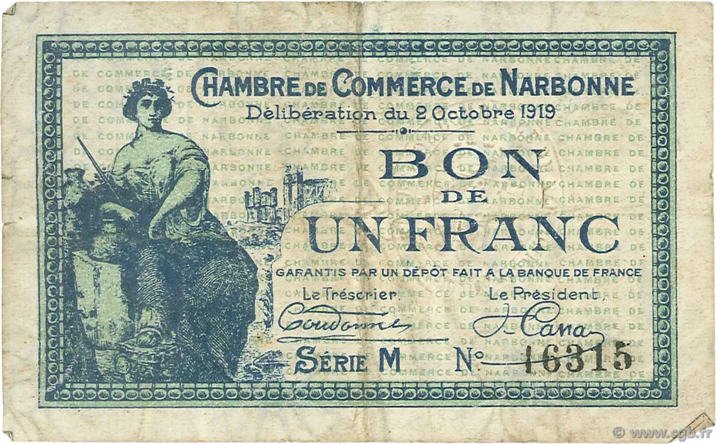 1 Franc FRANCE régionalisme et divers Narbonne 1919 JP.089.18 TB