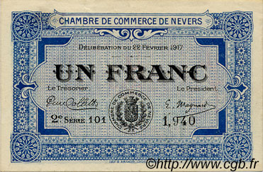 1 Franc FRANCE régionalisme et divers Nevers 1917 JP.090.14 TTB à SUP