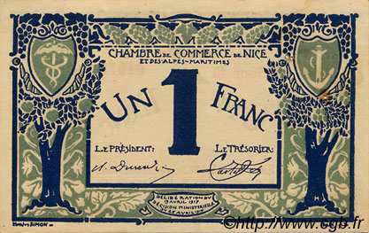 1 Franc FRANCE régionalisme et divers Nice 1917 JP.091.07 TTB à SUP