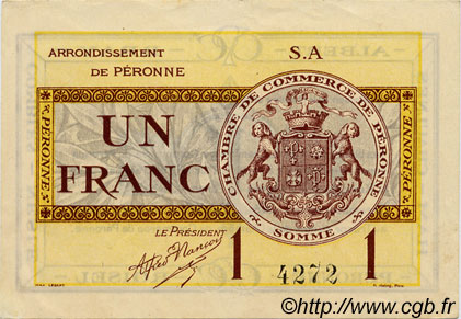1 Franc FRANCE régionalisme et divers Péronne 1920 JP.099.02 TTB à SUP