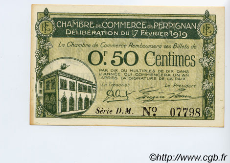 50 Centimes FRANCE regionalism and miscellaneous Perpignan 1919 JP.100.25 AU+
