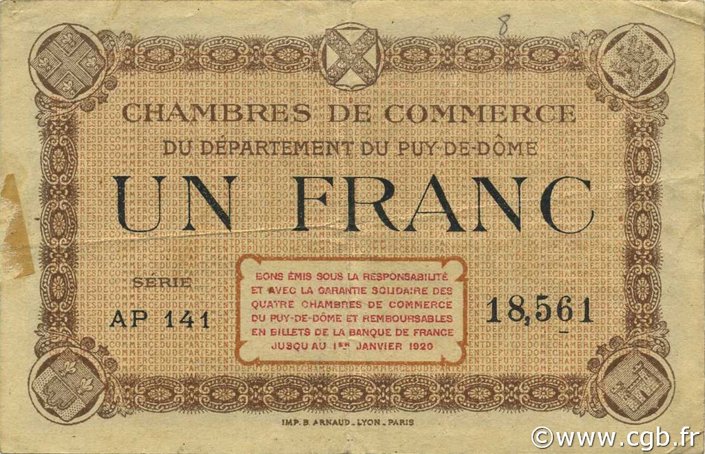 1 Franc FRANCE régionalisme et divers Puy-De-Dôme 1920 JP.103.08 TB