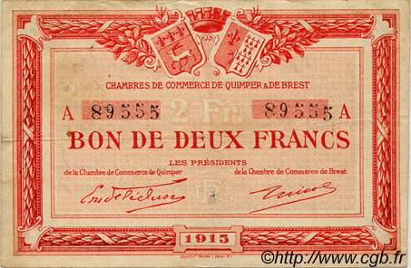 2 Francs FRANCE régionalisme et divers Quimper et Brest 1915 JP.104.03 TTB à SUP