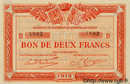 2 Francs FRANCE régionalisme et divers Quimper et Brest 1915 JP.104.06 TTB à SUP