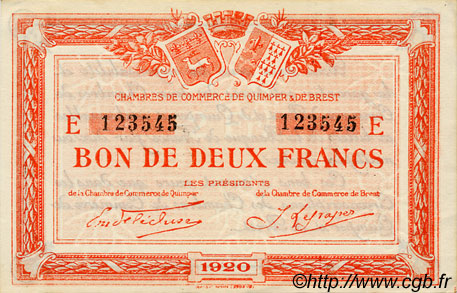 2 Francs FRANCE régionalisme et divers Quimper et Brest 1920 JP.104.18 TTB à SUP
