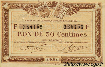 50 Centimes FRANCE régionalisme et divers Quimper et Brest 1921 JP.104.19 TTB à SUP