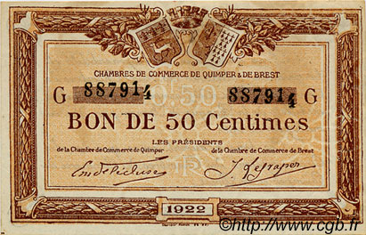 50 Centimes FRANCE régionalisme et divers Quimper et Brest 1922 JP.104.22 TTB à SUP