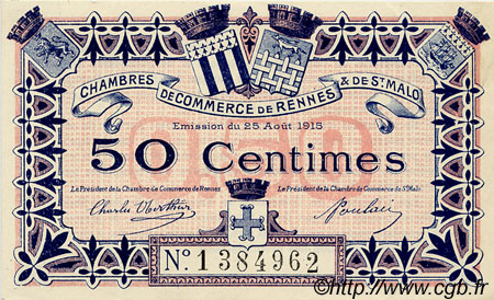 1 Franc Spécimen FRANCE régionalisme et divers Rennes et Saint-Malo 1915 JP.105.05 TTB à SUP