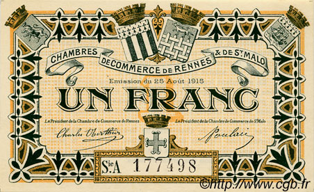 1 Franc FRANCE régionalisme et divers Rennes et Saint-Malo 1915 JP.105.11 SPL à NEUF