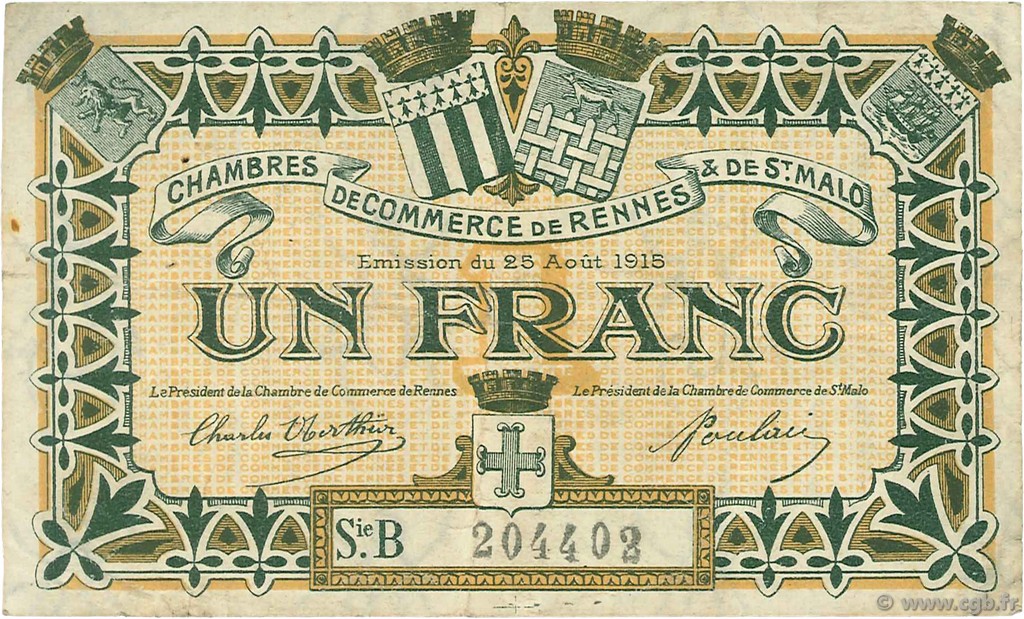 1 Franc Spécimen FRANCE régionalisme et divers Rennes et Saint-Malo 1915 JP.105.16 TTB à SUP