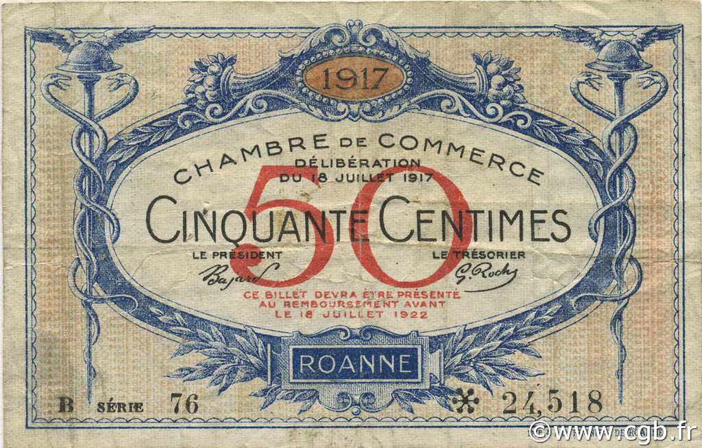 50 Centimes FRANCE régionalisme et divers Roanne 1917 JP.106.16 TB