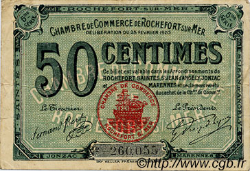 50 Centimes FRANCE régionalisme et divers Rochefort-Sur-Mer 1920 JP.107.17 TB