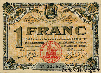 1 Franc FRANCE régionalisme et divers Rochefort-Sur-Mer 1920 JP.107.19 TTB à SUP