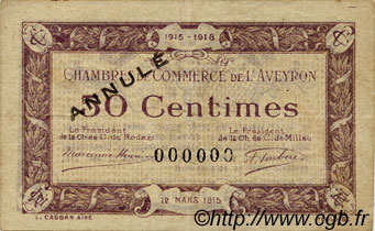 50 Centimes Annulé FRANCE régionalisme et divers Rodez et Millau 1915 JP.108.03 TTB à SUP