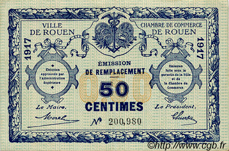 50 Centimes FRANCE régionalisme et divers Rouen 1917 JP.110.28 TTB à SUP